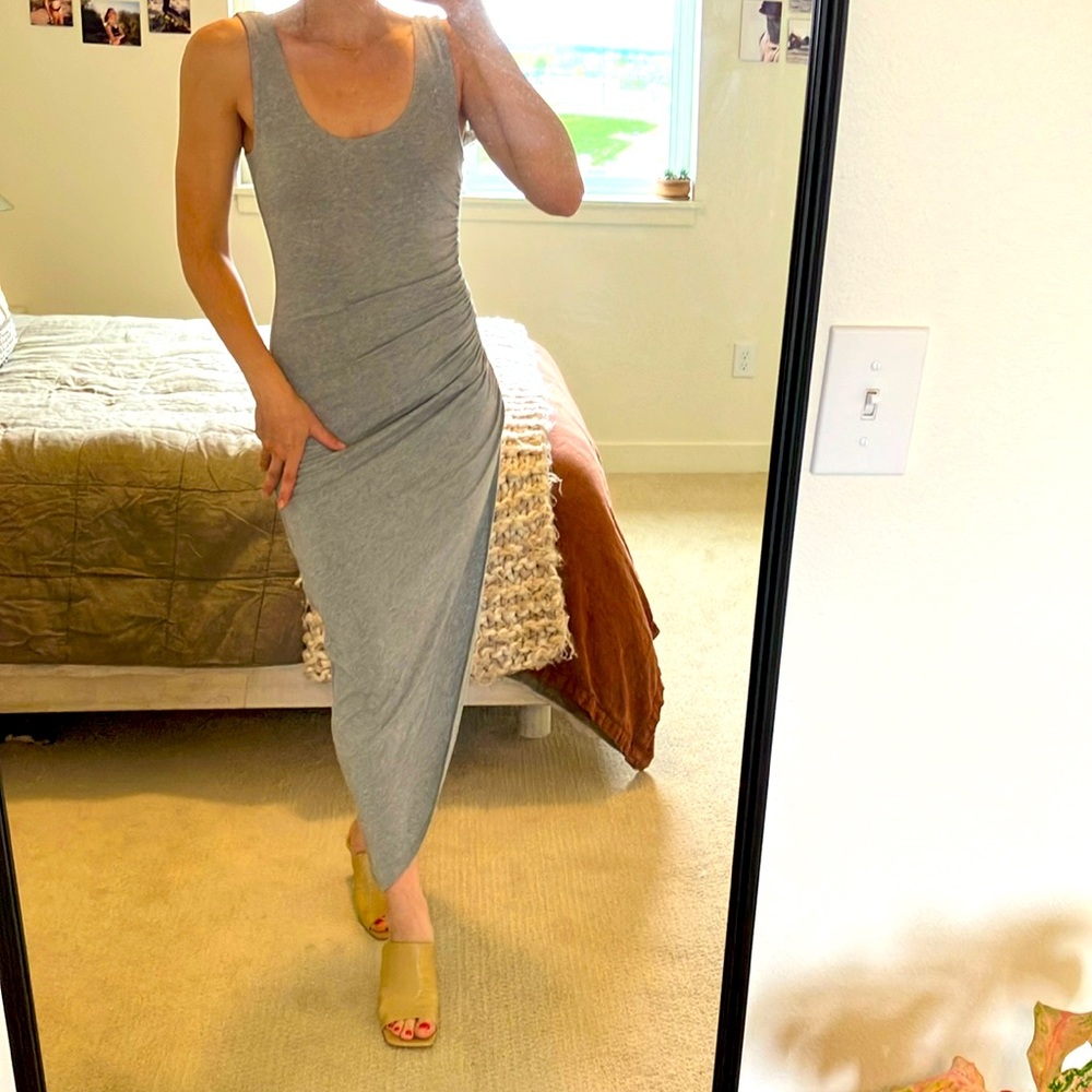 Bailey 44 maxi dress in heathered Gray, asymmetric rouching and hem